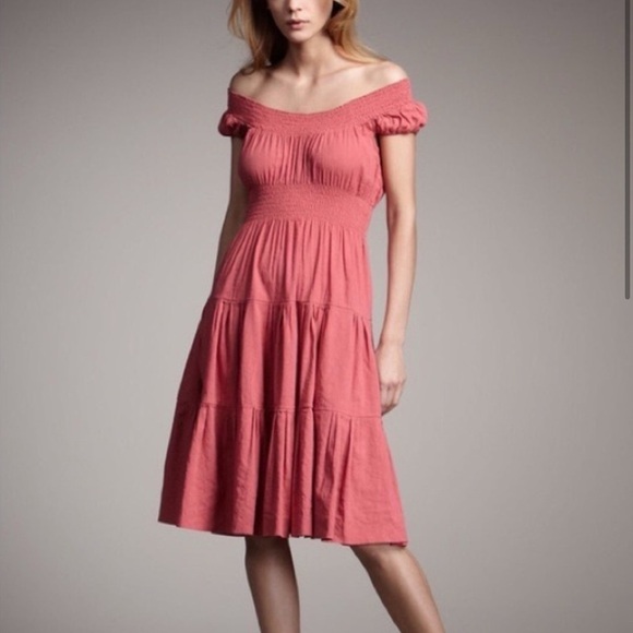 Theory Coral Pink Linen Blend Haldena Crunch Midi Dress Sz 4 Preppy Peasant - Picture 1 of 10